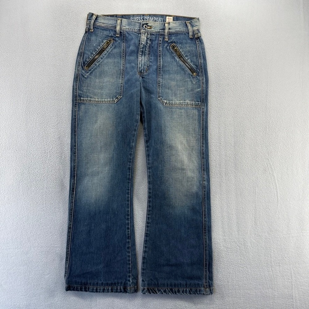Vintage Guess Jeans Mens 31 Blue Bootcut Wide Leg Cargo Pocket Denim Baggy 90s